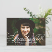 Witte Elegante Script Foto Afstuderen Kaart (Staand voorkant)