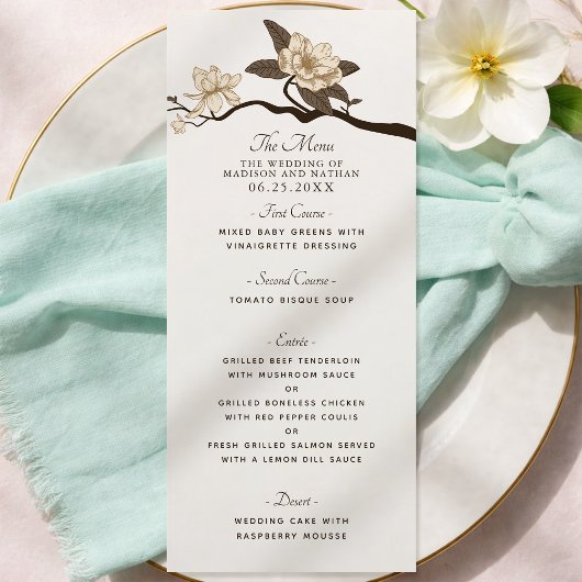 Witte Elegante Vintage Magnolia Bruiloft Menu