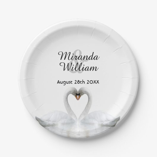 Witte elegante zwanen in liefdevolle bruiloft papieren bordje (Voorkant)