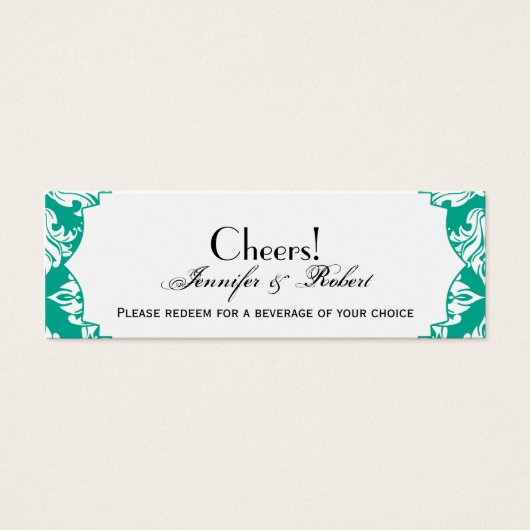 Witte Emerald Groene Damast Bruiloft Drink Ticket Mini Visitekaartjes (Voorkant)