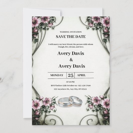 Witte en beige bloemen bruiloft uitnodiging (Voorkant)