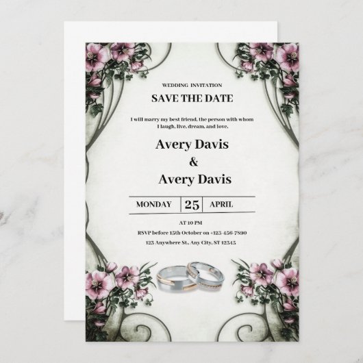 Witte en beige bloemen bruiloft uitnodiging (Voorkant / Achterkant)