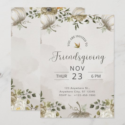 Witte en beige bloemige Friendsgiving-diner Kaart (Voorkant / Achterkant)