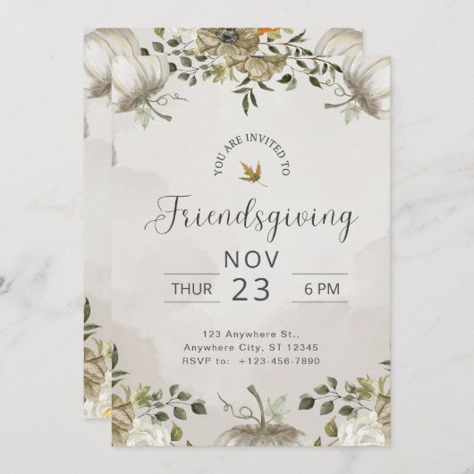 Witte en beige bloemrijke Friendsgiving-diner  Kaart (Voorkant / Achterkant)