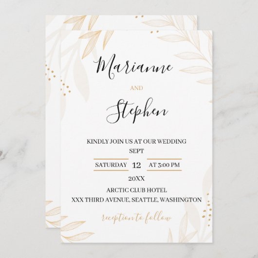 Witte en beige elegante bloemige huwelijksuitnodig kaart (Voorkant / Achterkant)