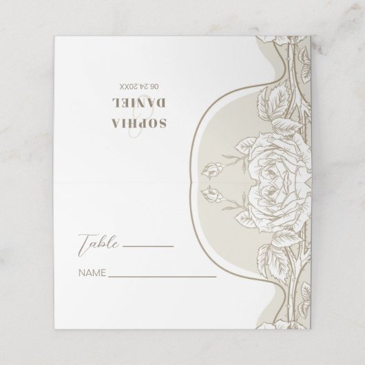 Witte en beige Rozen Plaatskaartje (Buitenkant ongevouwen)