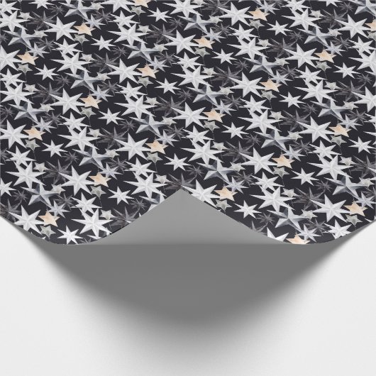 Witte en beige sterren. Zwarte achtergrond. Kerstm Cadeaupapier (Hoek)