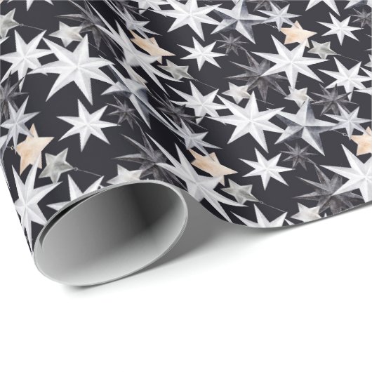 Witte en beige sterren. Zwarte achtergrond. Kerstm Cadeaupapier (Rol Hoek)