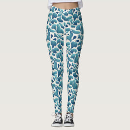 Witte en blauwe Abstracte bladeren | Kustpatroon Leggings
