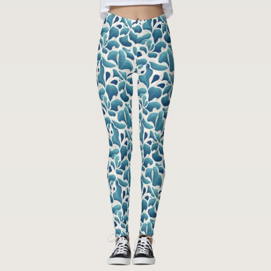Witte en blauwe Abstracte bladeren | Kustpatroon Leggings (Voorkant)