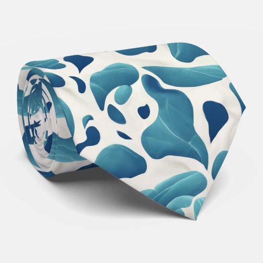 Witte en blauwe Abstracte bladeren | Kustpatroon Stropdas (Opgerold)