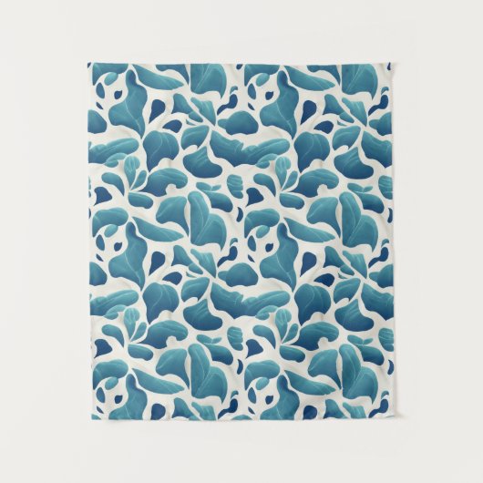 Witte en blauwe Abstracte bladeren | Kustpatroon Wandkleed (Voorkant)