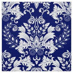 Witte en blauwe  bloemdamast stof