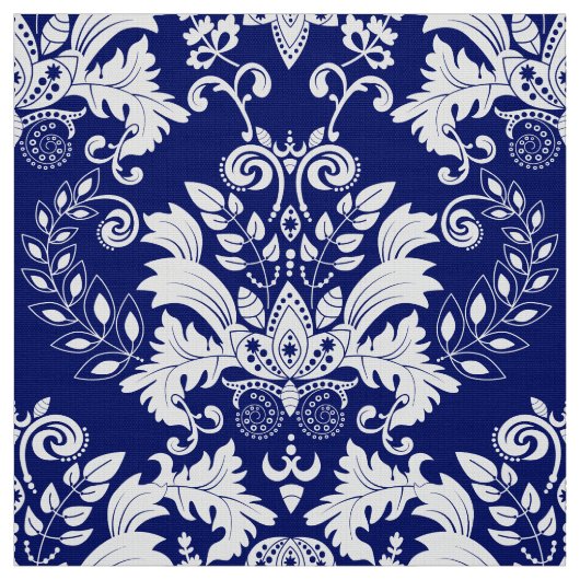 Witte en blauwe  bloemdamast stof (Swatch)