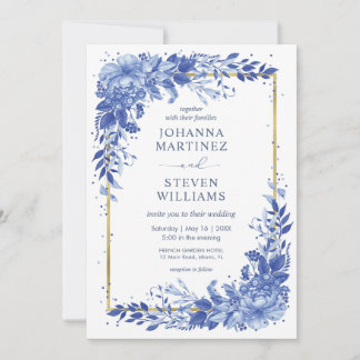 Witte en Blauwe Bloemen Gouden Lijst Trouwfeest Kaart