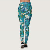 Witte en Blauwe Bloemen met Blauwgroen achtergrond Leggings (Achterkant)