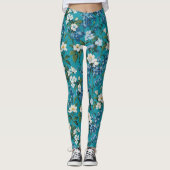 Witte en Blauwe Bloemen met Blauwgroen achtergrond Leggings (Voorkant)