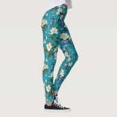 Witte en Blauwe Bloemen met Blauwgroen achtergrond Leggings (Rechts)