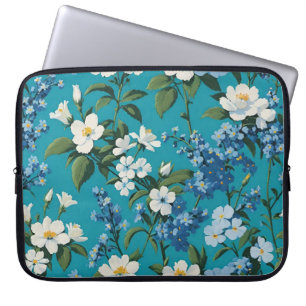Witte en blauwe bloemen met turquoise achtergrond laptop sleeve