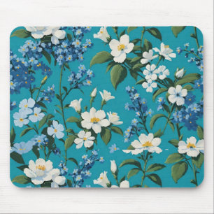 Witte en blauwe bloemen met turquoise achtergrond muismat