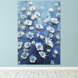 Witte en blauwe bloesems op een rijke blauwe abstr canvas afdruk