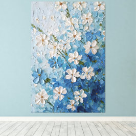 Witte en blauwe bloesems op een turquoise abstract canvas afdruk
