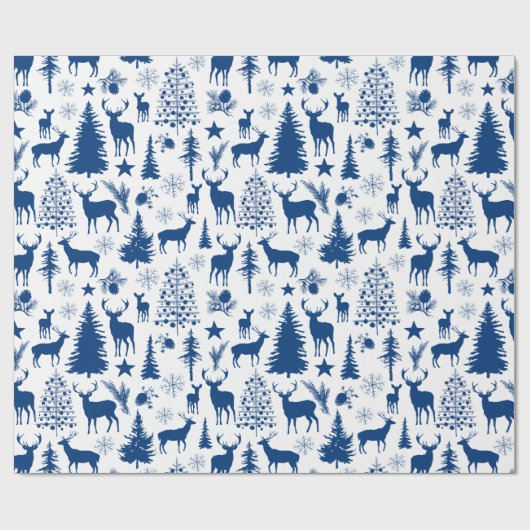 Witte en blauwe bosrijke rendieren cadeaupapier (Vlak)