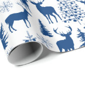 Witte en blauwe bosrijke rendieren cadeaupapier (Rol Hoek)