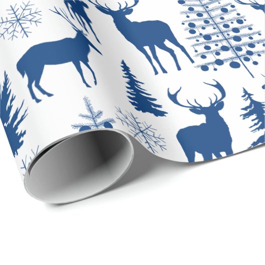 Witte en blauwe bosrijke rendieren cadeaupapier (Rol Hoek)