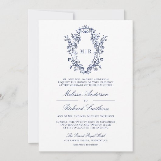 Witte en Blauwe Chinoiserie Crest QR Code Huwelijk Kaart (Voorkant)