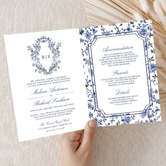 Witte en blauwe chinoiserie kam QR-code bruiloft