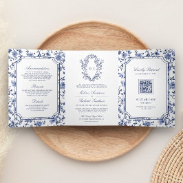 Witte en blauwe chinoiserie kam QR-code bruiloft Drieluik Uitnodiging