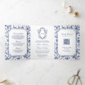 Witte en blauwe chinoiserie kam QR-code bruiloft Drieluik Uitnodiging (Binnen)