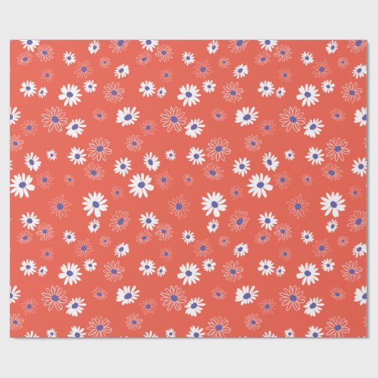 Witte en blauwe daisy bloemen op rood cadeaupapier (Vlak)
