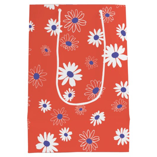 Witte en blauwe daisy bloemen op rood medium cadeauzakje (Achterkant)