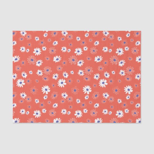 Witte en blauwe daisy bloemen op rood tissuepapier (Voorkant)