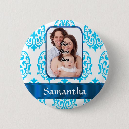 Witte en blauwe damast ronde button 5,7 cm (Voorkant)