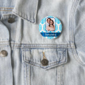 Witte en blauwe damast ronde button 5,7 cm (In situ)