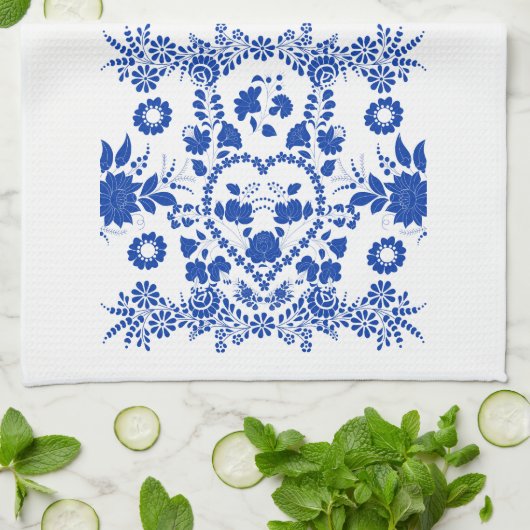 Witte en Blauwe Europese Folk Art Kitchen Towel Theedoek (Gevouwen)