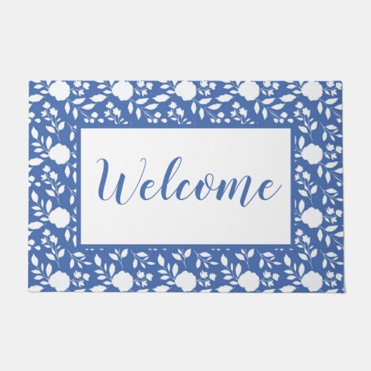 Witte en Blauwe Floral Doormat Deurmat (Voorkant)