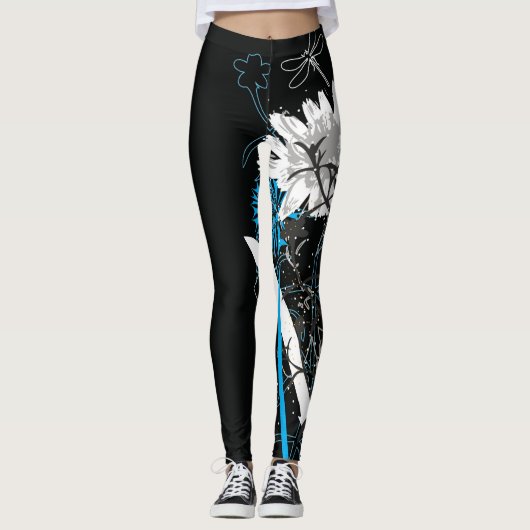 Witte en Blauwe Floral Leggins Leggings (Voorkant)