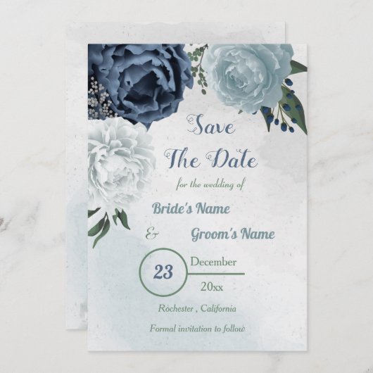 witte en blauwe florale griep save the date (Voorkant / Achterkant)
