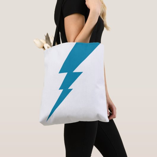 Witte en blauwe geometrische bliksemschicht tote bag (Dichtbij)