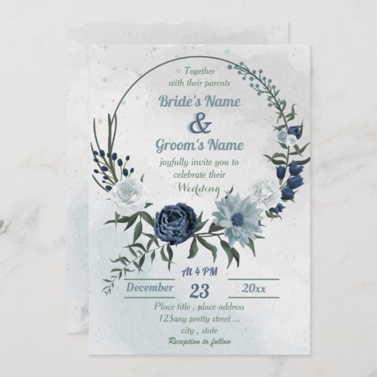 witte en blauwe griesse bruinbruine bruiloft kaart (Voorkant / Achterkant)