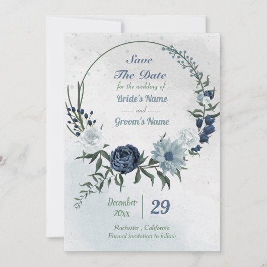 witte en blauwe groenblauw save the date (Voorkant)