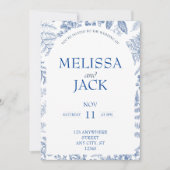 Witte en Blauwe Moderne Bloemen Huwelijksuitnodigi Kaart (Voorkant)