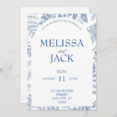 Witte en Blauwe Moderne Bloemen Huwelijksuitnodigi Kaart (Voorkant / Achterkant)