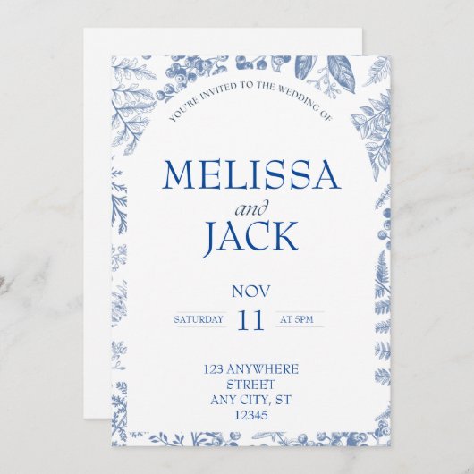 Witte en Blauwe Moderne Bloemen Huwelijksuitnodigi Kaart (Voorkant / Achterkant)