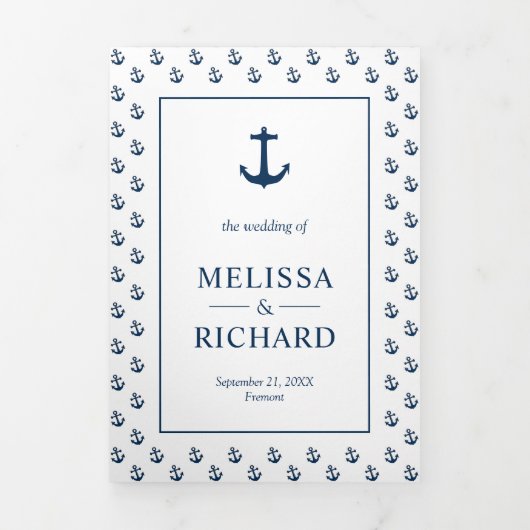 Witte en blauwe nautische anker zeepaardbruiloft drieluik uitnodiging (Cover)