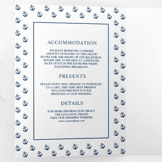 Witte en blauwe nautische anker zeepaardbruiloft drieluik uitnodiging (Binnenzijde eerst)